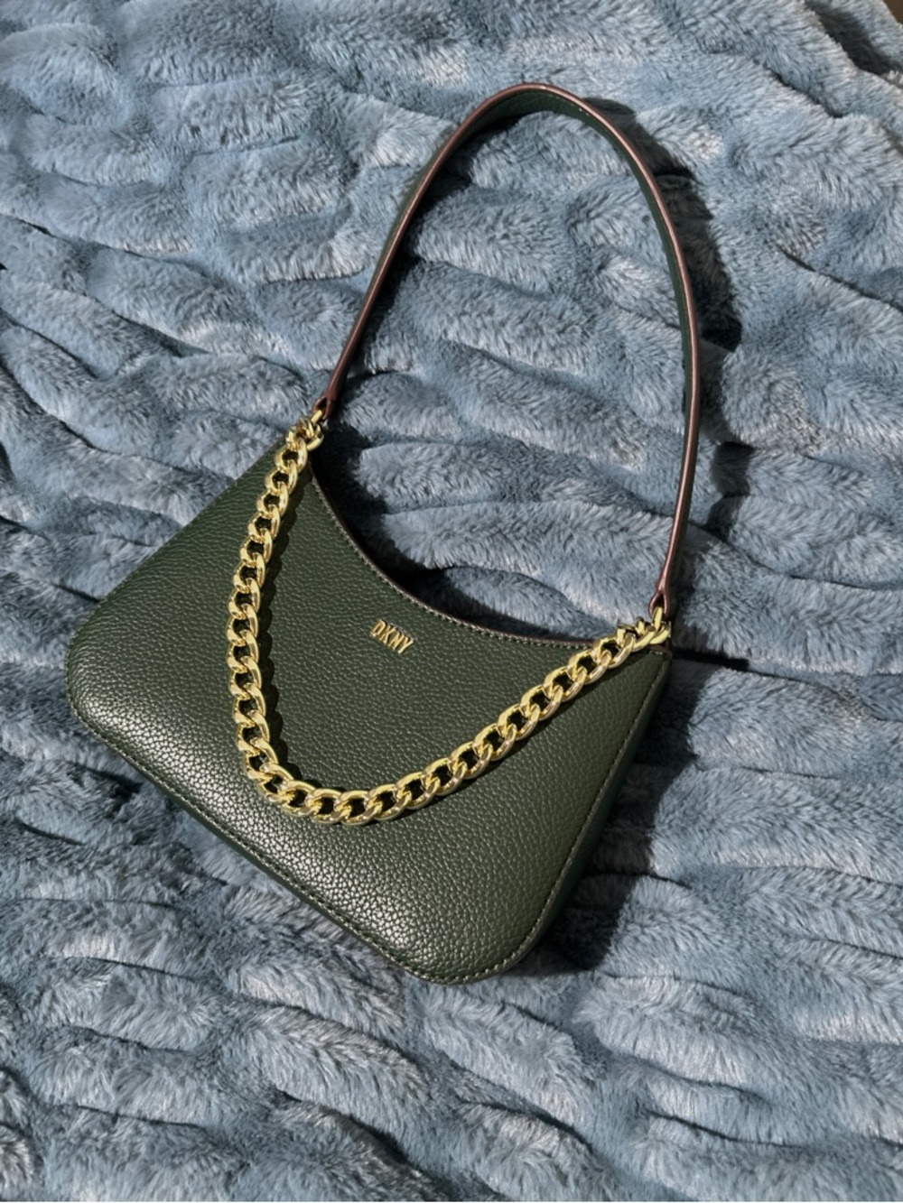 DKNY Ash Demi Small, Dark Green Pebbled Leather Shoulder Bag with Gold Chain